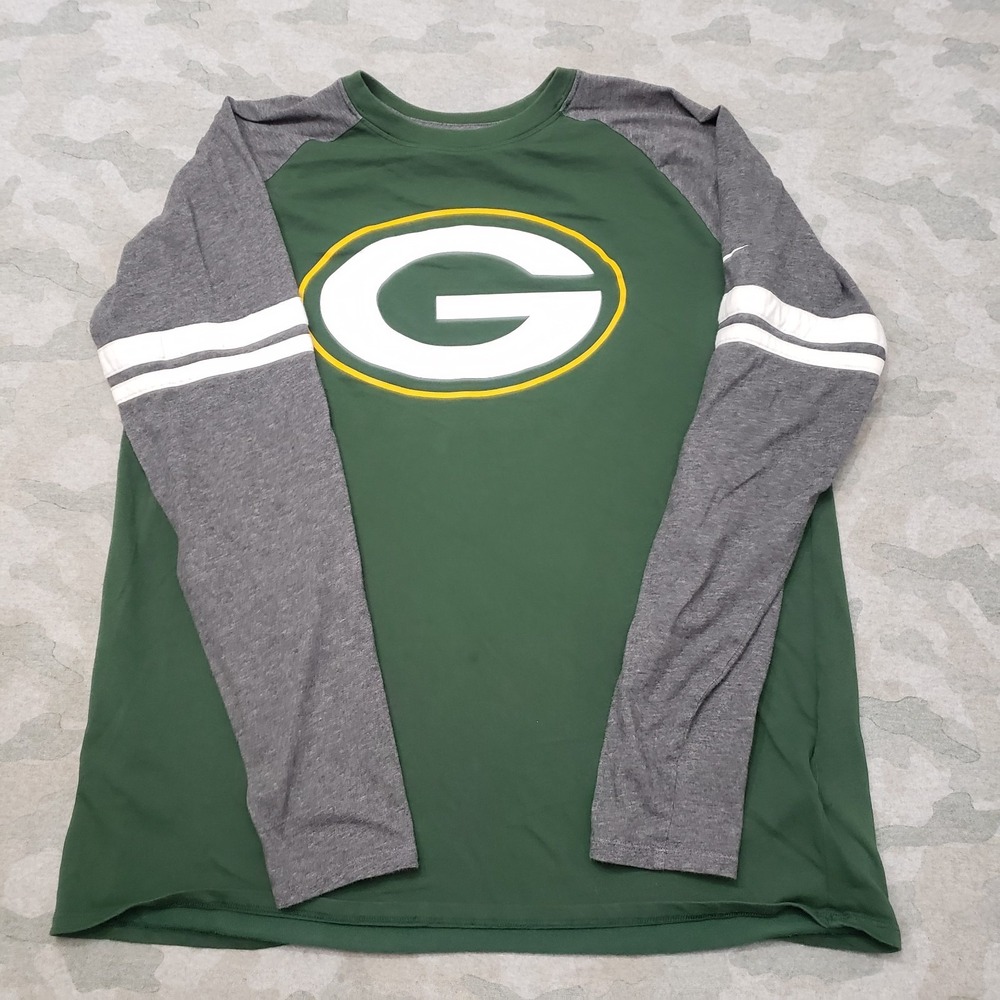 Green Bay Packers Shirt Mens Large Green Nike NFL Raglan Long Sleeve Football